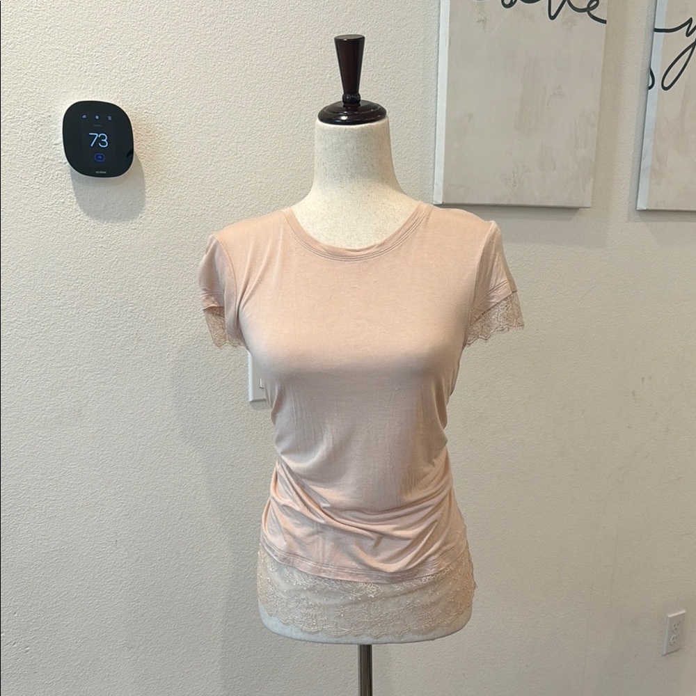 BCBG Blush Lace-Trim Short Sleeve Tee